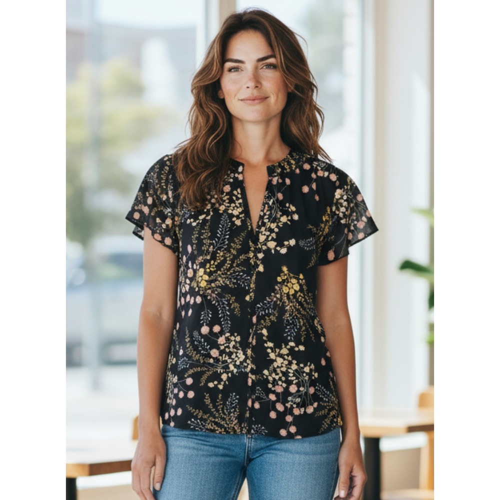 Philosophy Republic Clothing Floral Blouse Black Short Sleeve Womens Size Small‎